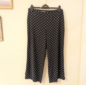 Talbots Wide Leg Crop Pants Womens 12 Navy Blue White Geometric Circle Print